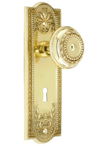 Meadows Design Mortise Lock Set With Matching Knobs in Polished Brass.